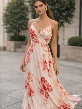 Lulu's Cream Pink Floral Wedding Guest Maxi Wrap Dress